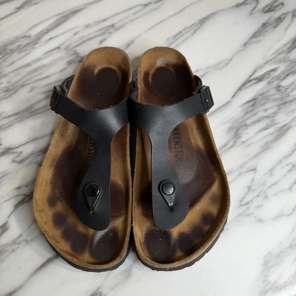 Birkenstock Gizeh Womens Leather Sandals Black Thong Birkoflor Size 40 US 9 Cork